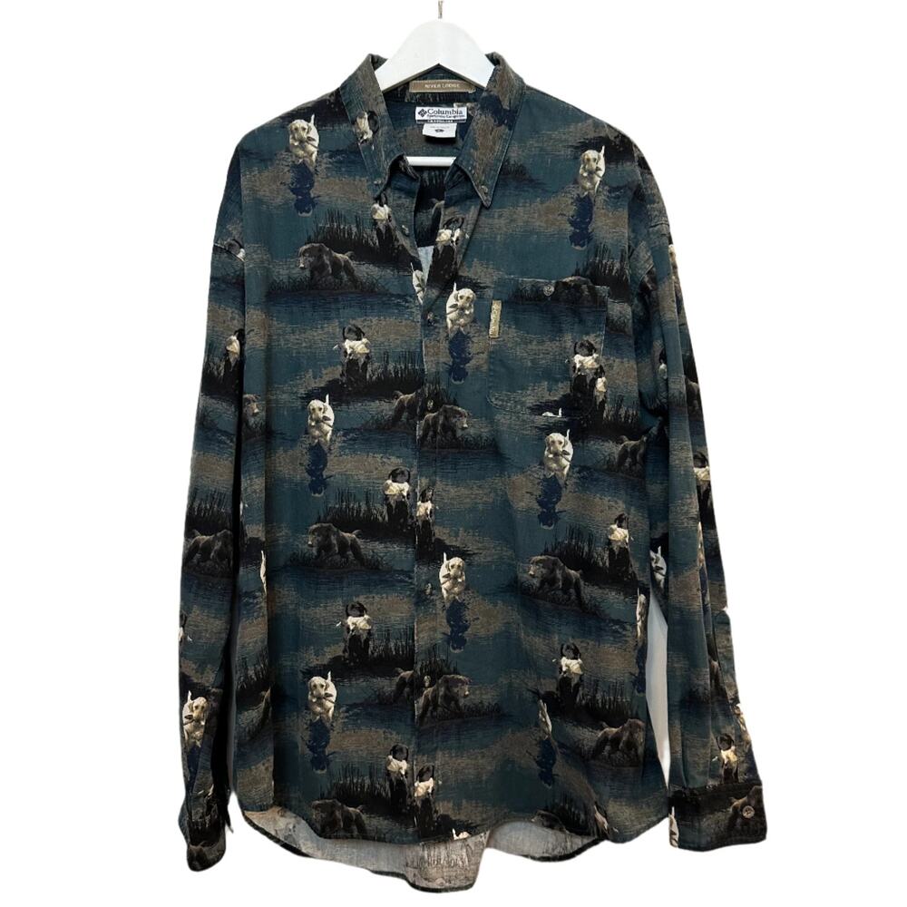 Vintage Columbia River lodge Dogs Hunting Shirt Long Sleeve Button Down XL
